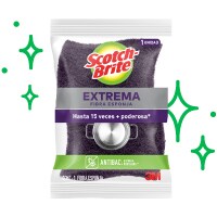 Esponja Scotch-Brite morada para limpieza profunda y rápida en empaque blanco. 
