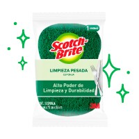 Esponja Scotch-Brite verde para limpieza pesada en empaque blanco.
