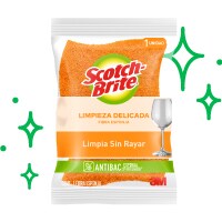 Esponja Scotch-Brite naranja para limpieza delicada en empaque blanco. 
